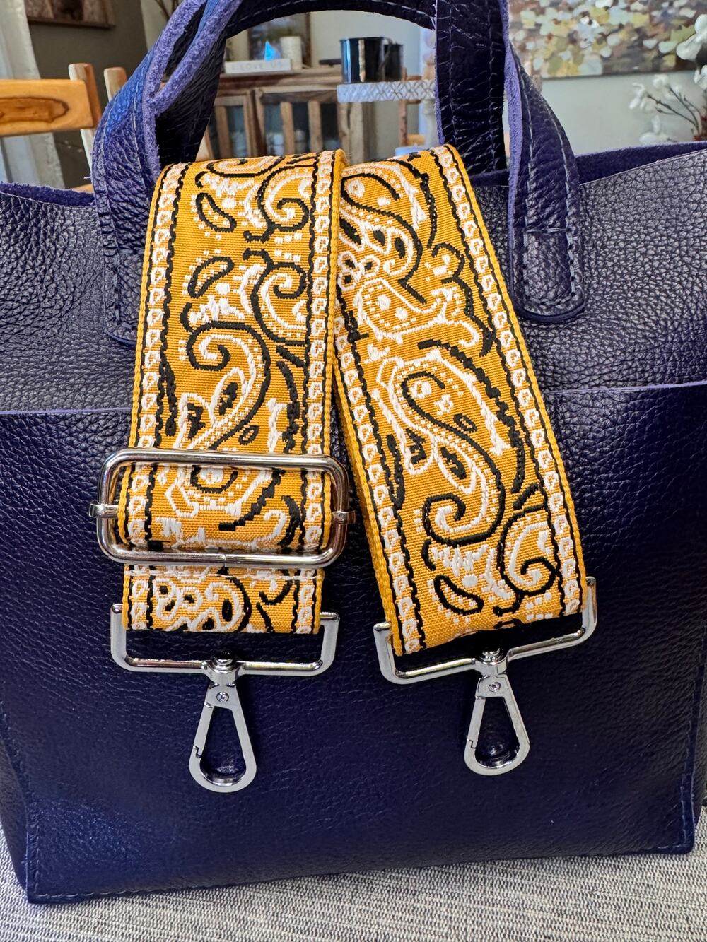 Paisley Yellow Purse Strap Wide Woven Bag Strap Crossbody Purse Strap Silver